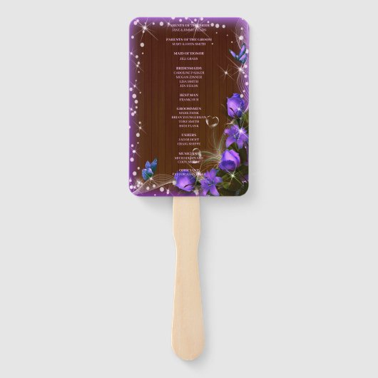 Rustiek donker hout Paarse bloemenbruiloft program Handwaaier (Achterkant)