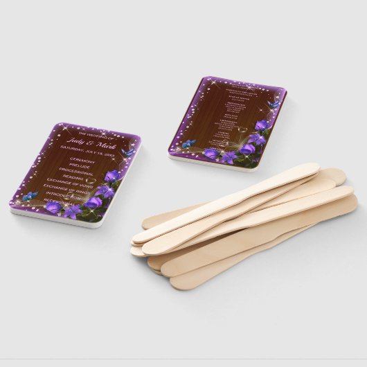 Rustiek donker hout Paarse bloemenbruiloft program Handwaaier (Niet-gemonteerd)