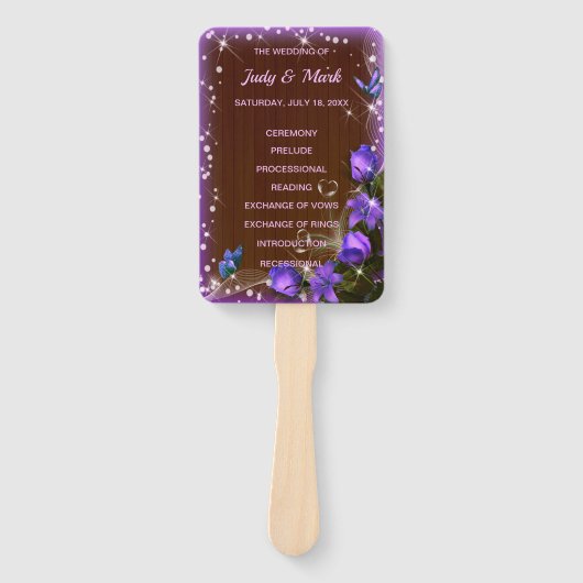 Rustiek donker hout Paarse bloemenbruiloft program Handwaaier (Voorkant)