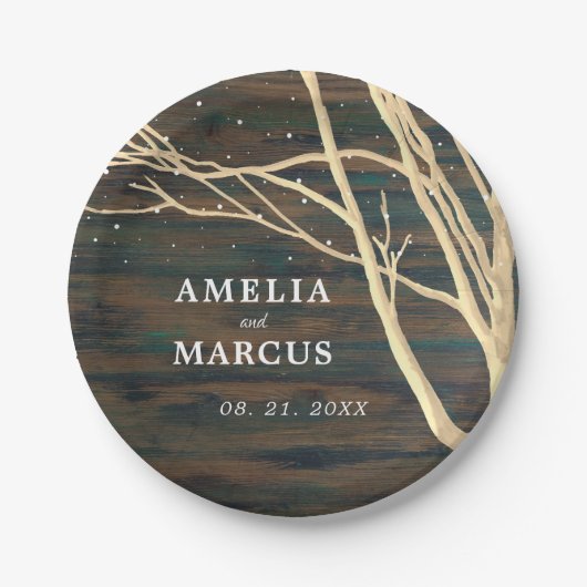 Rustiek Donker Hout Winter Tree Bruiloft Papieren Bordje (Voorkant)