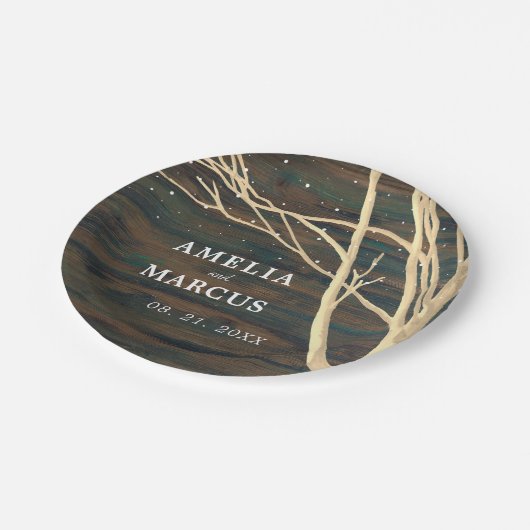 Rustiek Donker Hout Winter Tree Bruiloft Papieren Bordje (Gekanteld)