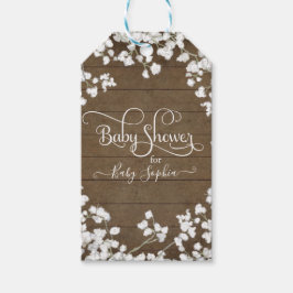 Rustiek Donker Hout Wit Bloemen Script Baby shower Cadeaulabel