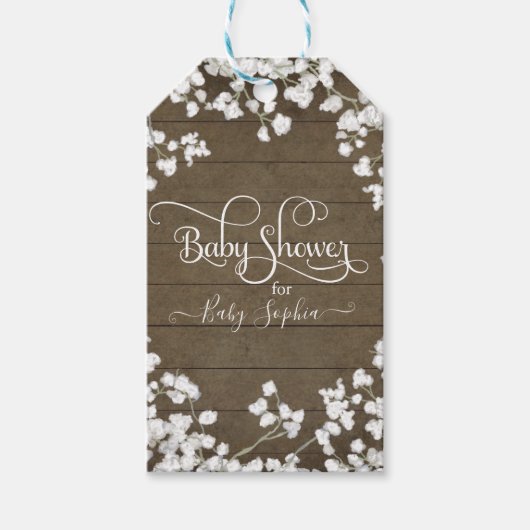 Rustiek Donker Hout Wit Bloemen Script Baby shower Cadeaulabel (Voorkant)