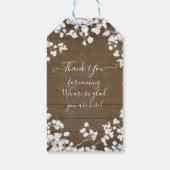 Rustiek Donker Hout Wit Bloemen Script Baby shower Cadeaulabel (Achterkant)