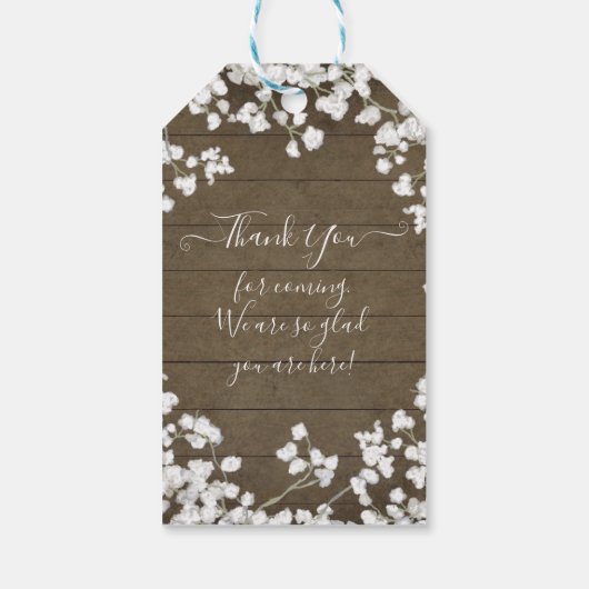 Rustiek Donker Hout Wit Bloemen Script Baby shower Cadeaulabel (Achterkant)