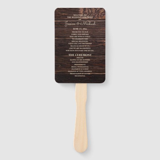 Rustiek donkerbruin houten trouwprogramma handwaaier (Voorkant)