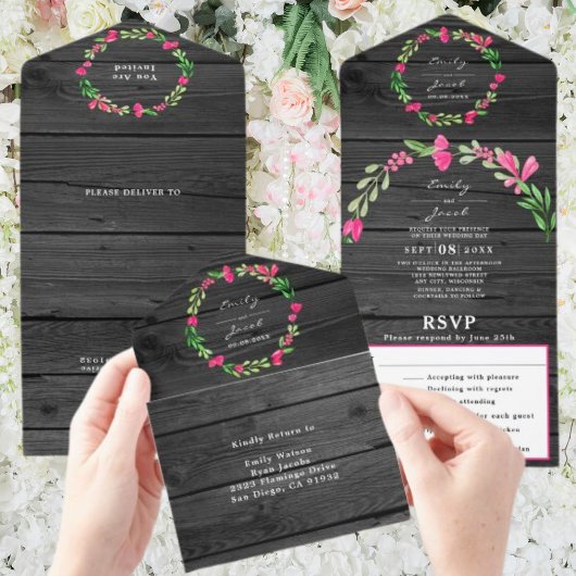 Rustiek Donkergrijs Hout Roze Bloemen Land Wo RSVP All In One Uitnodiging