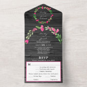 Rustiek Donkergrijs Hout Roze Bloemen Land Wo RSVP All In One Uitnodiging (Binnen)