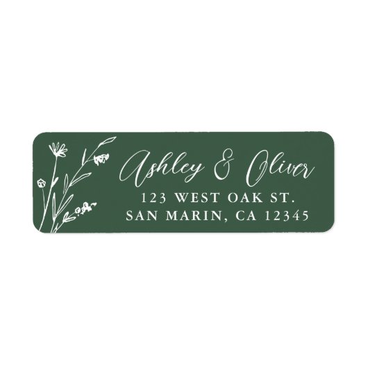 Rustiek Donkergroen Wildflower Trouwadres Etiket (Voorkant)