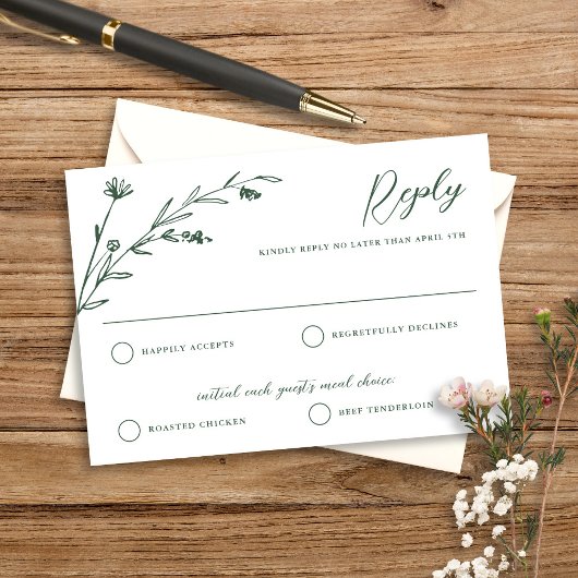 Rustiek Donkergroen Wildflower Wedding RSVP Kaart
