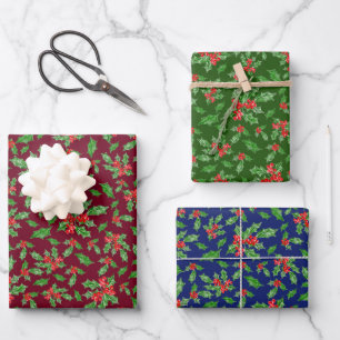 Rustiek Donkerrood Blauw Groen Kerst Holly Patroon Inpakpapier Vel