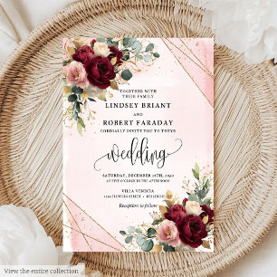 Rustiek Donkerrood Goud Blush Rozen Bloemen Huweli Kaart