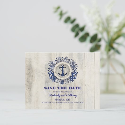 Rustiek Driftwood Nautical Navy Beach Save the Dat Aankondigingskaart (Staand voorkant)