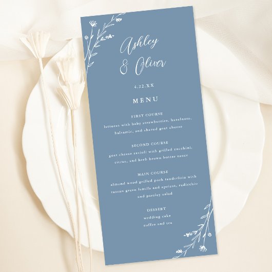 Rustiek Dusty Blue Botanical Wedding Menu Kaart