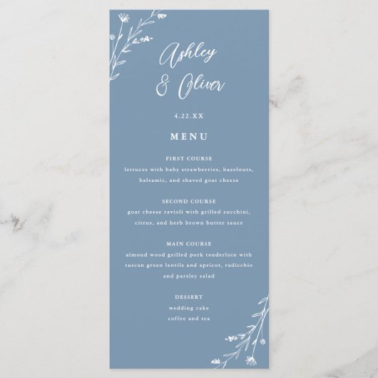 Rustiek Dusty Blue Botanical Wedding Menu Kaart (Voorkant)