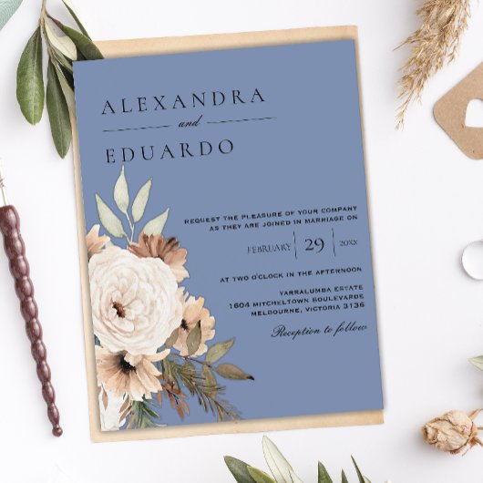 Rustiek Dusty Blue en Boho Wildflower Bruiloft Briefkaart