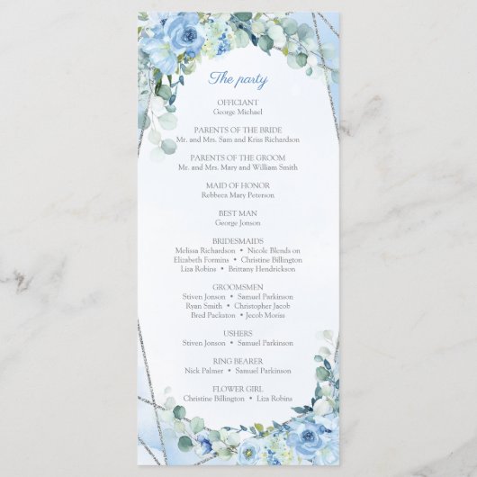 Rustiek Dusty Blue Floral Silver Geometrisch Programmakaart (Achterkant)