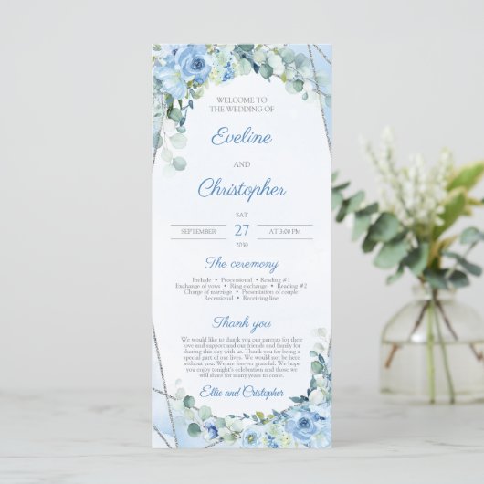 Rustiek Dusty Blue Floral Silver Geometrisch Programmakaart (Staand voorkant)