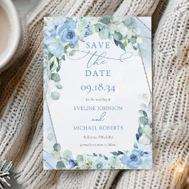 Rustiek Dusty Blue Floral zilver glitter lijst Save The Date