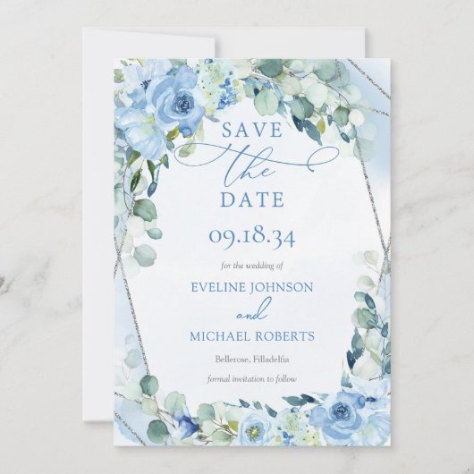Rustiek Dusty Blue Floral zilver glitter lijst Save The Date (Voorkant)