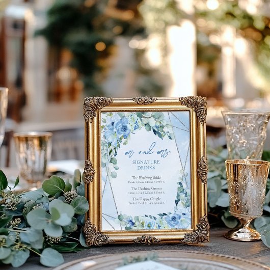 Rustiek Dusty Blue Floral zilver handtekening drin Poster