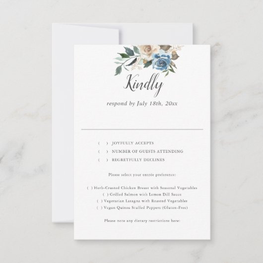 Rustiek Dusty Blue Flowers Script Bruiloft RSVP (Voorkant)