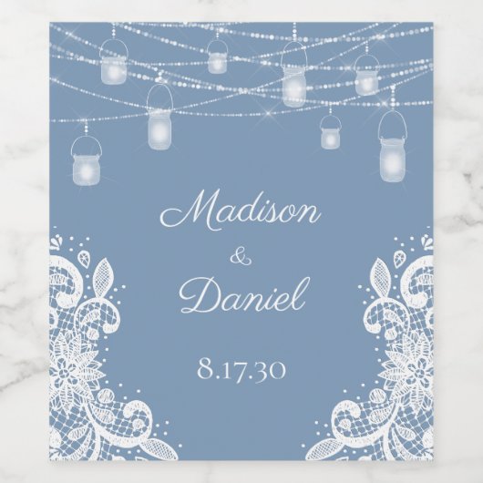 Rustiek Dusty Blue Lights Bruiloft Wijn Label Etiket (Enkel label)