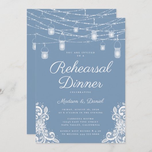 Rustiek Dusty Blue Lights Huwelijksrepetitie Diner Kaart (Voorkant / Achterkant)