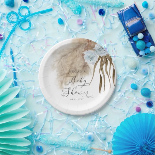 Rustiek Dusty Blue Pampas Grass Baby shower Papieren Bordje (Feest)