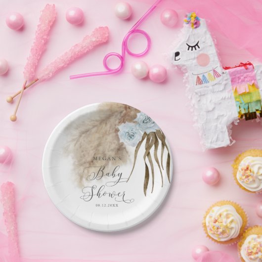 Rustiek Dusty Blue Pampas Grass Baby shower Papieren Bordje (Feest)