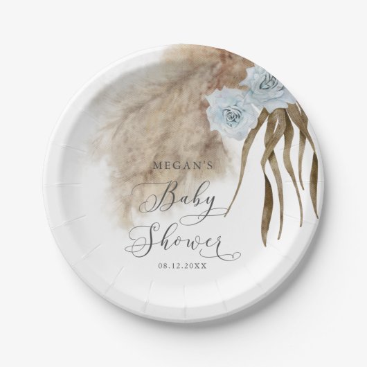 Rustiek Dusty Blue Pampas Grass Baby shower Papieren Bordje (Voorkant)
