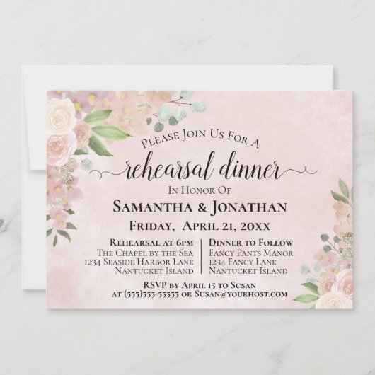 Rustiek Dusty Roos Bloemen Bruiloft Repetitie Dine Kaart (Voorkant)