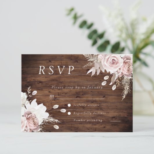 Rustiek Dusty Roos Blush Bloemen Bruiloft Alles Ev RSVP Kaartje (Staand voorkant)