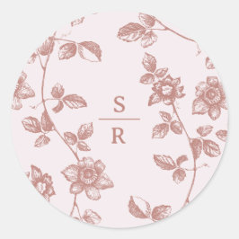 Rustiek Dusty Roze Bloemen Monogram Bruiloft Ronde Sticker