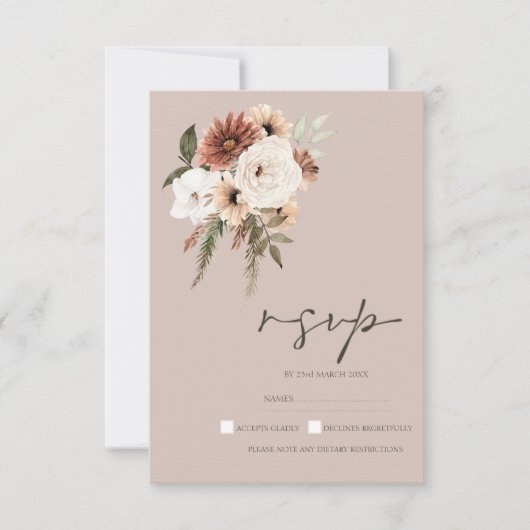 Rustiek Dusty Roze en Groen Bloemen Bruiloft RSVP (Voorkant)