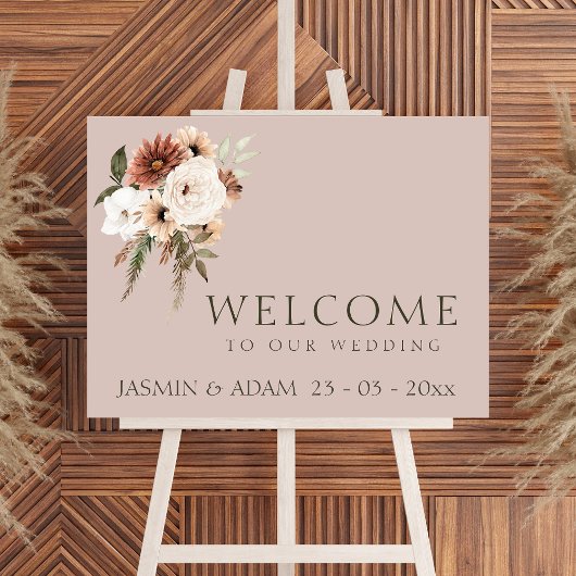 Rustiek Dusty Roze en Groene Bloemen Trouwbord Poster