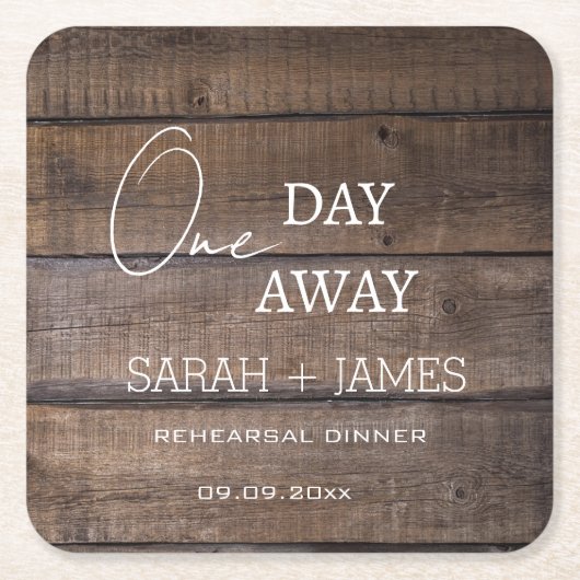 Rustiek een dag weg repetitie diner bruiloft kartonnen onderzetters (Voorkant)