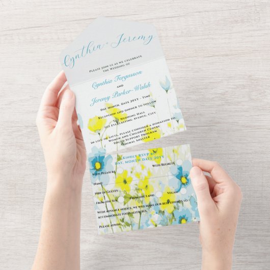 Rustiek Eenvoudig Blauw Geel Poppies Waterverf All In One Uitnodiging (Afscheurbaar)