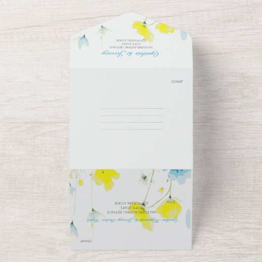 Rustiek Eenvoudig Blauw Geel Poppies Waterverf All In One Uitnodiging (Buitenkant)