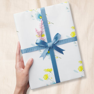 Rustiek Eenvoudig Blauw Geel Poppies Waterverf Cadeaupapier