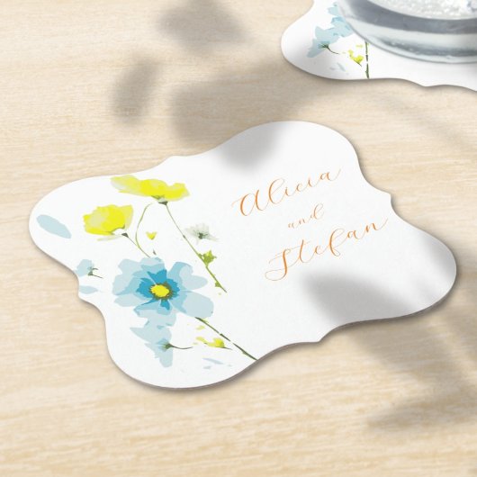 Rustiek Eenvoudig Blauw Geel Poppies Waterverf Kartonnen Onderzetters