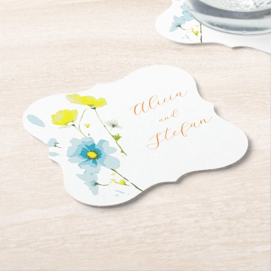 Rustiek Eenvoudig Blauw Geel Poppies Waterverf Kartonnen Onderzetters (Gekanteld)