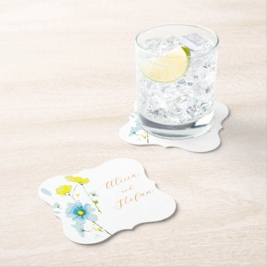 Rustiek Eenvoudig Blauw Geel Poppies Waterverf Kartonnen Onderzetters (Insitu)