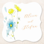 Rustiek Eenvoudig Blauw Geel Poppies Waterverf Kartonnen Onderzetters (Voorkant)