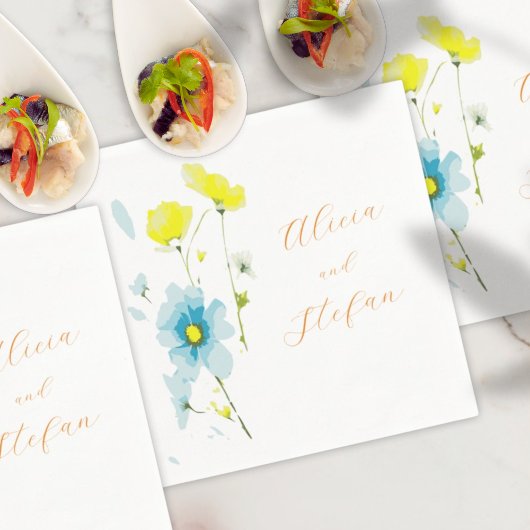 Rustiek Eenvoudig Blauw Geel Poppies Waterverf Servet