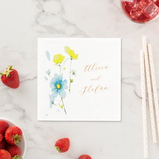 Rustiek Eenvoudig Blauw Geel Poppies Waterverf Servet (Insitu)