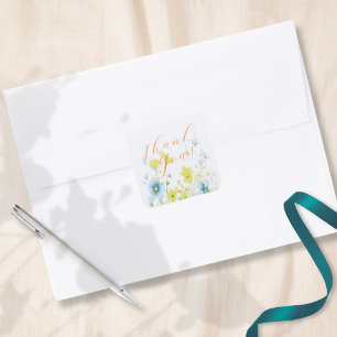 Rustiek Eenvoudig Blauw Geel Poppies Waterverf Vierkante Sticker