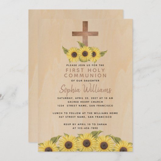 Rustiek Eerste Communie Hout Kruis Zonnebloemen Kaart (Voorkant / Achterkant)