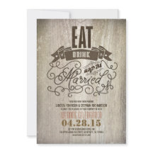 Rustiek eet drink en getrouwd trouwuitnodiging zij