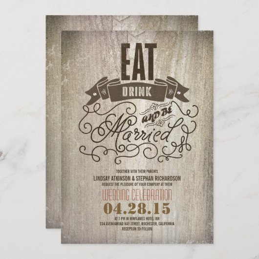 Rustiek eet drink en getrouwd trouwuitnodiging zij kaart (Voorkant / Achterkant)